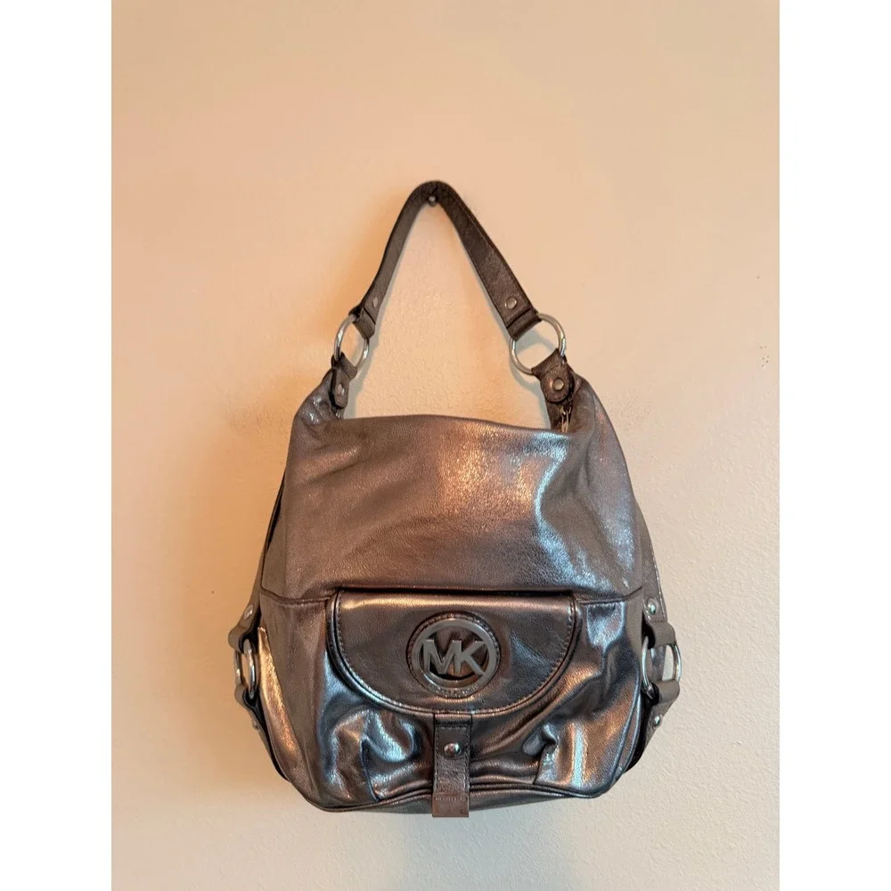 Michael Kors Y2K Women Hobo Bag Medium Silver Leather Fulton MK Medallion